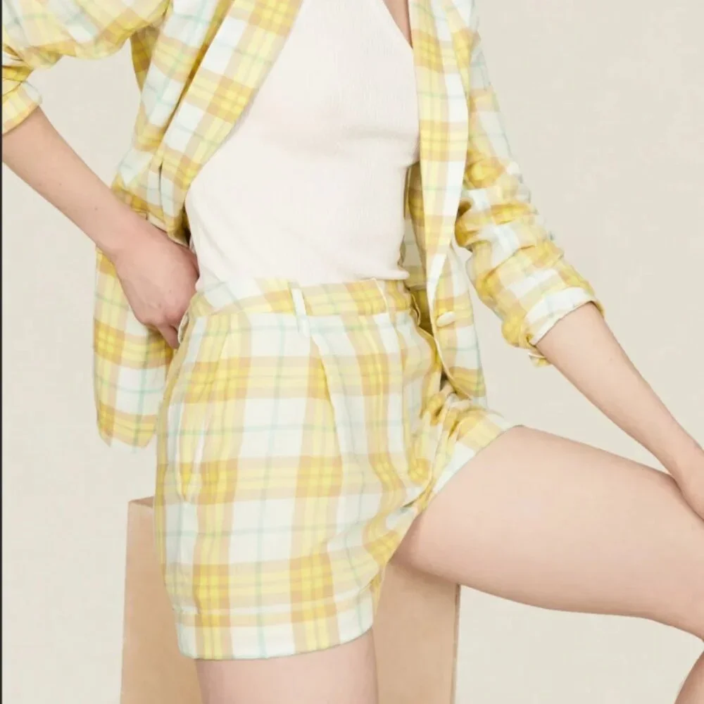 rag & bone Ivy Plaid Pleated Cotton Shorts – Yellow Plaid – Size 2 – NWT - Picture 1 of 10